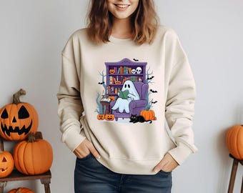 Festive Halloween Bookshelf Ghost Ghost Reading Book Png, Halloween Bookshelf Png, Black Cat Book Png, Cute Ghost PNG, Book Lover Halloween