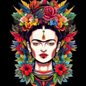 May include: A colourful illustration of a woman with a floral headdress. The portrait features a vibrant array of flowers and leaves, with a red rose as a focal point. The woman wears a necklace and earrings, set against a black background.