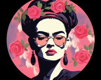 May include: A stylized illustration of a woman with dark hair and closed eyes wearing pink sunglasses and a flower crown. The background is a pink and purple watercolor wash with pink roses.