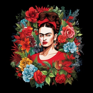 May include: A colorful illustration of Frida Kahlo surrounded by vibrant flowers. The flowers are red, yellow, blue, and green. Frida is wearing a red dress and has a flower crown in her hair.