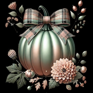 Può includere: Una zucca verde e rosa con un fiocco a quadri e dettagli floreali. La zucca è circondata da foglie e fiori.