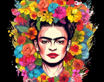 May include: A colorful illustration of Frida Kahlo with a floral crown and earrings. The background is filled with vibrant flowers in various colors, including red, yellow, blue, and green.