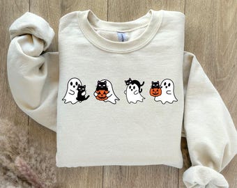 Halloween Ghost & Black Cat Graphic Ghosts with Cat Png, Cute Halloween Ghosts Png,Cat Lover Ghost Png, Halloween Cat Mom Spooky Season Vibe