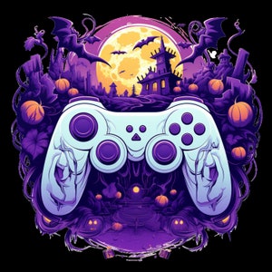 May include: A digital illustration of a video game controller with a Halloween theme. The controller is white with purple buttons, set against a backdrop of a full moon, bats, pumpkins, and a haunted house. The overall color scheme is purple, orange, and black.