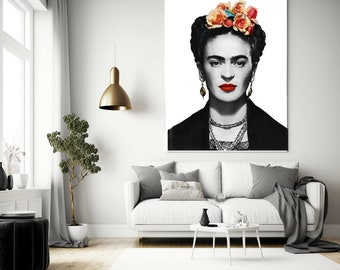 May include: Black and white portrait of Frida Kahlo with a flower crown on her head. The background is white.