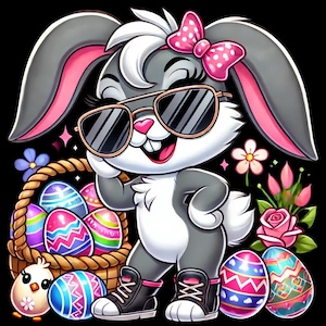 Puede incluir: Un conejo de Pascua de dibujos animados con gafas de sol y un lazo rosa, sosteniendo una cesta de huevos de Pascua coloridos. El conejo está de pie sobre un fondo negro con flores rosas y un pequeño pollito.