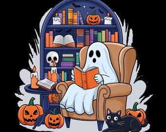 Festive Halloween Bookshelf Ghost Ghost Reading Book Png, Halloween Bookshelf Png, Black Cat Book Png, Cute Ghost PNG, Book Lover Halloween
