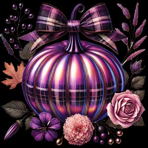 Può includere: Una zucca viola e iridescente con un fiocco a quadri e dettagli floreali. La zucca è circondata da fiori rosa, viola e verdi.