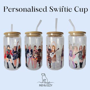 Personalised Taylor Eras Cup – Taylor Style Glass Libny Cup with Lid & Straw – Personalised Swiftie Gift – 16oz Iced Coffee Cup