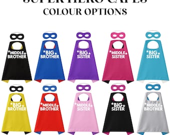 Conjunto de capa y máscara de superhéroe personalizado para hermanos - Disfraz personalizado - Anuncio de bebé - Revelación de género