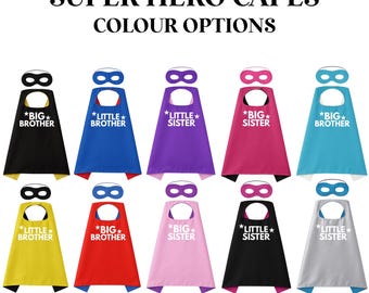 Conjunto de capa y máscara de superhéroe personalizado para hermanos - Disfraz personalizado - Anuncio de bebé - Revelación de género