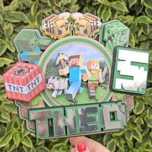 Pixel Style Gamer Cake Topper | Custom Name Age | Block Building Theme | Birthday Decoration for Gaming Fans|