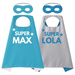 Personalised Blue Silver Superhero Cape & Mask Set – Double-Sided Kids Cape with Custom Super Name | Hero Dress-Up Costume Gift for Children