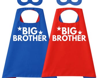 Conjunto personalizado de capa y máscara de superhéroe de Gran Hermano: traje personalizado para anunciar el nacimiento del bebé - Regalo para revelar el género