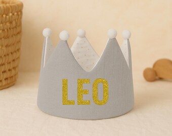 Grey Personalised Kids Fabric Crown: Handmade Custom Muslin Cotton Birthday Dress-Up Party Hat Accessory