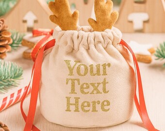 Personalised Reindeer Gift Bag | Custom Velvet Christmas Pouch | Stocking Filler