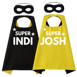 Personalised Black Yellow Superhero Cape & Mask Set Double-Sided Kids Cape with Custom Super Name | Hero Dress-Up Costume Gift for Children