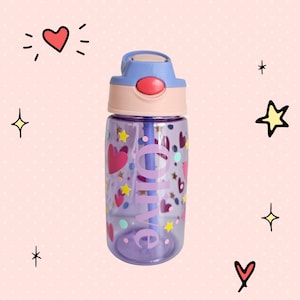 Personalized Kids Water Bottle, Custom Heart & Star Design, Flip Straw Lid for School, Nursery