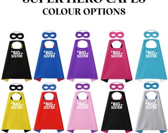 Conjunto personalizado de capa y máscara de superhéroe para hermana mayor: disfraz para disfrazarse y atuendo para anunciar el nacimiento de su bebé.