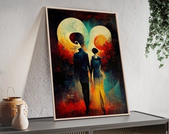 Artwork "Couple" - Surreal, Abstract, Framed Print, Modern Wall Art, Wooden Frame, Love, Framed Poster, Couple, Valentines Day, For her