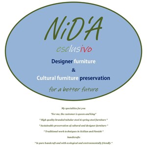 May include: A blue circle with the text "NiD'A esclusivo" in green. Below the circle, the text reads "Designer furniture & Cultural furniture preservation for a better future". The text below that reads "My specialties for you" and lists several bullet points.