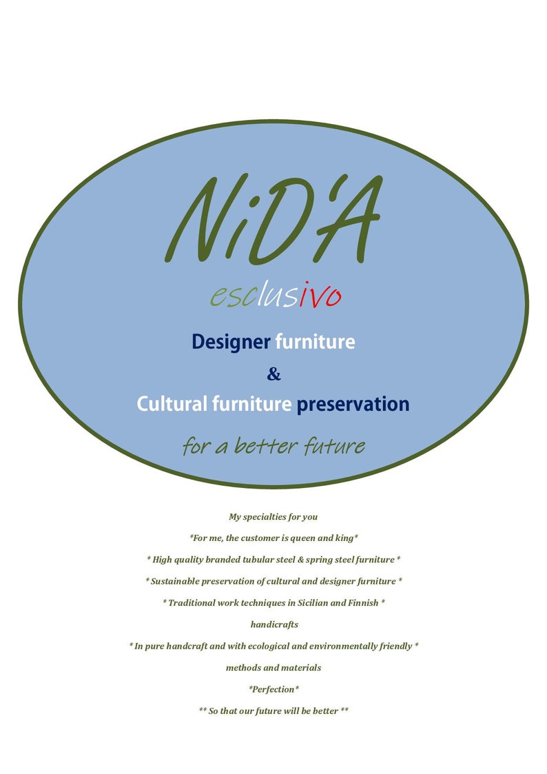 May include: A blue circle with the text "NiD'A esclusivo" in green. Below the circle, the text reads "Designer furniture & Cultural furniture preservation for a better future". The text below that reads "My specialties for you" and lists several bullet points.