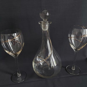 Wine set carafe and 2 glasses crystal glass spiral gold-plated