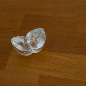 May include: A clear glass butterfly-shaped dish with a textured surface.