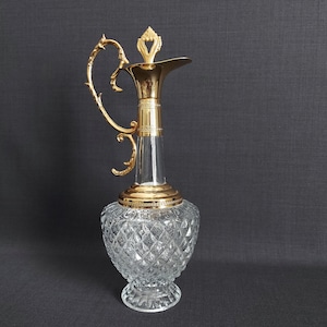 Italian Hollywood Regency Carafe Decanter crystal glass diamond glass gold plated brass Luxurious Mid Century