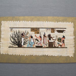 May include: An Egyptian papyrus painting depicting a scene with figures in traditional attire. The artwork features a central figure seated on a throne, surrounded by other figures and hieroglyphs. The painting is framed with a gold border.