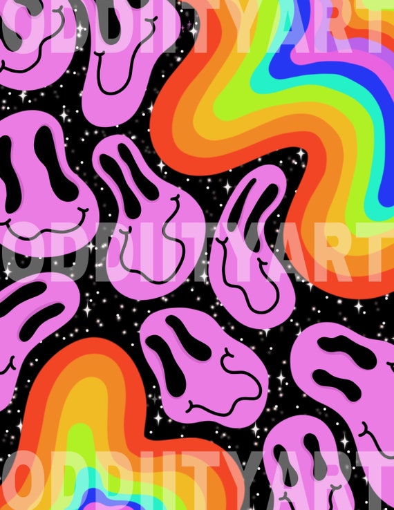 Trippy psychedelic art prints / smiley face / room decor / Etsy