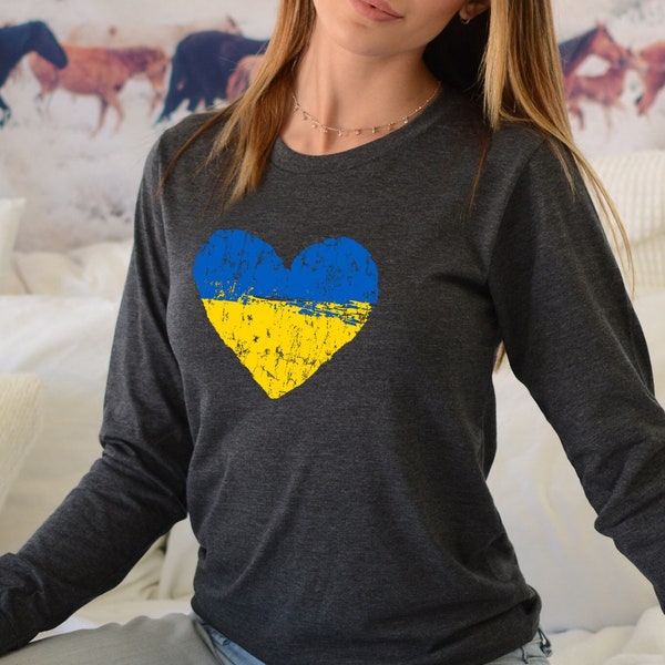 Ukrainian Flag Heart Long Sleeve Shirt | Stand with Ukraine Shirt | No War In Ukraine Shirt | Support Ukraine Shirt | 12007