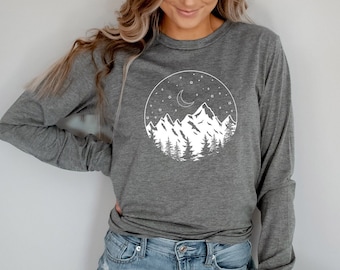 Night Mountain Long Sleeve Shirt | Camping Crew Shirt | Adventure Shirt | Camping Lover's Shirt | Outdoor Shirt | Forest Shirt | 11877