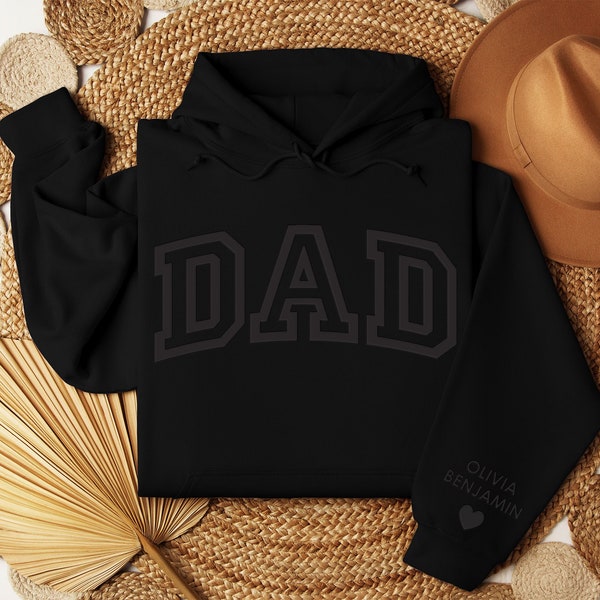 Custom Puff Lettering Dad With Kids Names on Sleeve Hooded Sweatshirt | Personalized Dad Hoodie | 12423