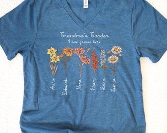Grandma's Garden Birth Flower Shirt, Personalized Grandkids' Names V-Neck, 120