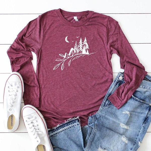 Mountain Moon Night Long Sleeve Shirt | Camping Adventure Shirt | Forest Mountain Landscape Shirt | Fall Shirt | 11666