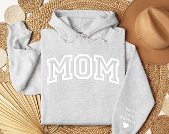 Custom Puff Lettering Mom With Kids Names on Sleeve Hooded Sweatshirt | Personalized Mom Hoodie | 12424