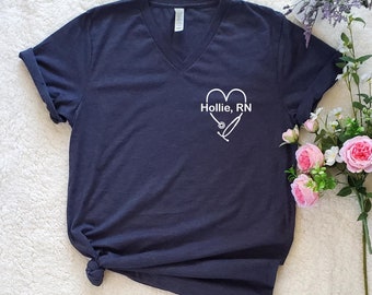 Custom Nurse V-Neck Shirt, Personalized Stethoscope Design RN Tshirt, 12018