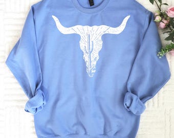 Western Boho Cow Skull Cactus Sweatshirt, Southwest Desert Graphic Tee, Country Concert Cowgirl Shirt, 12242