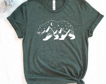 Night Sky Bear Graphic Tee - Mountain Camping Adventure Shirt, 11859