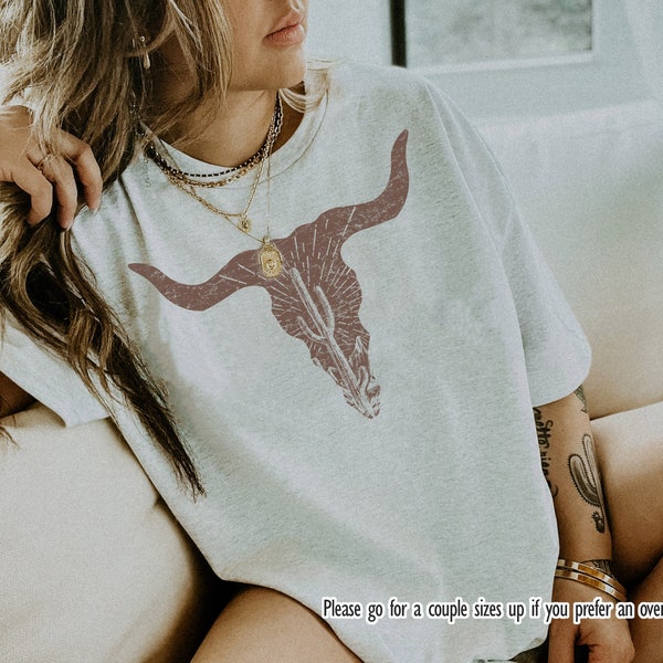 Cow Skull Desert Cactus Silhouette Shirt | Southwest Boho Longhorn Buffalo Tshirts | Desert Life Landscape Western Tee | 12242