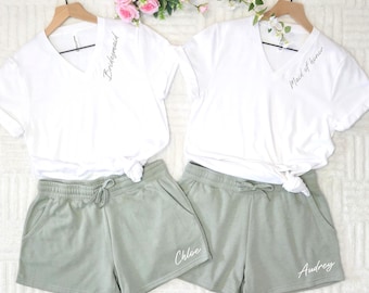 Personalized Bride and Bridesmaid V-Neck Shirt & Shorts Getting Ready Set, Custom Bachelorette Gift, 12505
