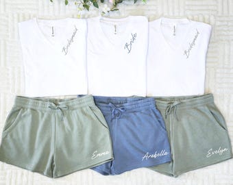 Personalized Bride and Bridesmaid V-Neck Shirt & Shorts Set, Custom Bachelorette Gift, 12505