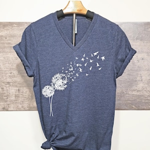 Dandelion with Flying Birds V Neck Shirt | Dandelion Flower V Neck Shirt | Birds Shirt | Wild Flower Shirt | Bird Watching Shirt | 11983