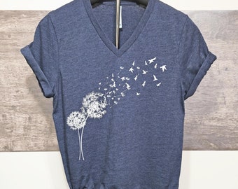 Dandelion with Flying Birds V Neck Shirt | Dandelion Flower V Neck Shirt | Birds Shirt | Wild Flower Shirt | Bird Watching Shirt | 11983