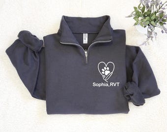 Personalized Vet Tech Quarter Zip Sweatshirt: RVT Gift, Veterinary Hospital Shirt, 12460