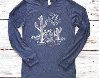 Cactus Desert Life Long Sleeve Shirt, Western Camping Tee, 12089