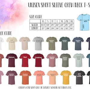May include: Image of a unisex short sleeve crew neck t-shirt color and size guide. The guide includes a size chart with measurements in inches and a color guide with various t-shirt colors, including white, navy, and red.