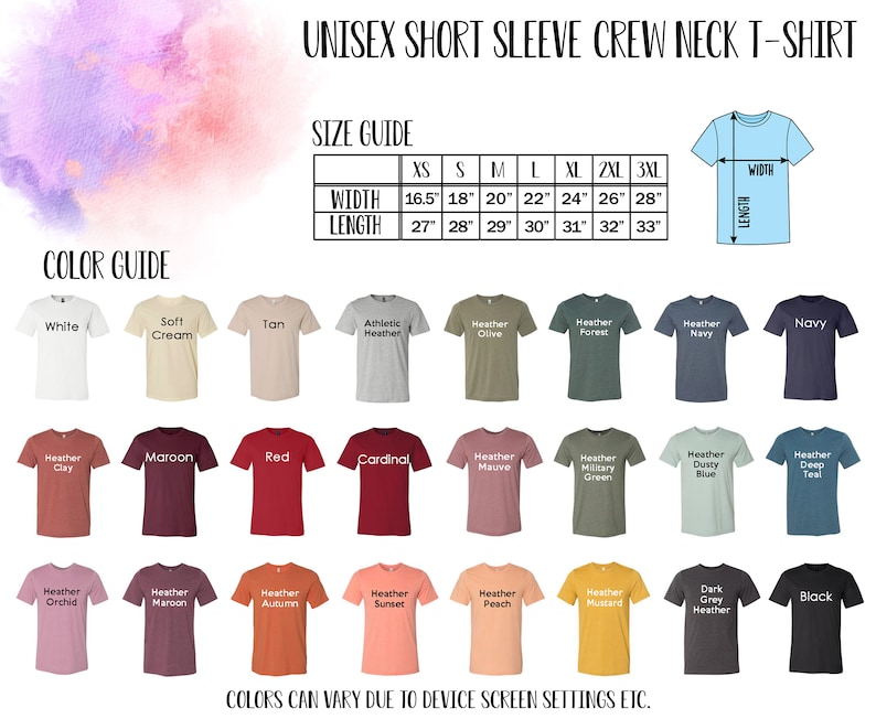 May include: Image of a unisex short sleeve crew neck t-shirt color and size guide. The guide includes a size chart with measurements in inches and a color guide with various t-shirt colors, including white, navy, and red.