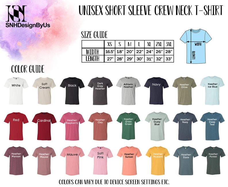 May include: Image of a unisex short sleeve crew neck t-shirt with a size and color guide. The color guide shows various t-shirt colors, including white, black, red, and navy. The size guide shows the width and length in inches.